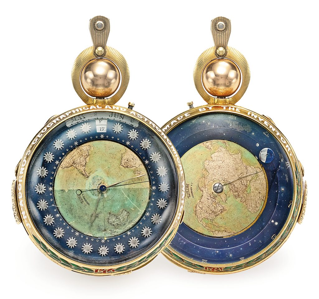 J. N. ADORNO A GEOGRAPHICAL AND ASTRONOMICAL WATCH NO. 1 MADE BY THE INVENTOR A UNIQUE GOLD AND ENAMEL ASTRONOMICAL DOUBLE DIAL MINUTE REPEATING INDEPENDENT SECONDS WATCH WITH CALENDAR AND MOON PHASES CIRCA 1875
