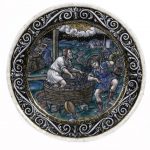 A Limoges enamel and parcel gilt plate depicting 'October' after an engraving by Etienne Delaune of 1568