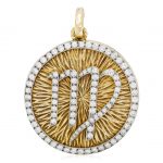 DAVID WEBB 'VIRGO' PENDANT BROOCH Designed as a round textured gold pendant featuring a diamond set Virgo sign within a diamond frame
