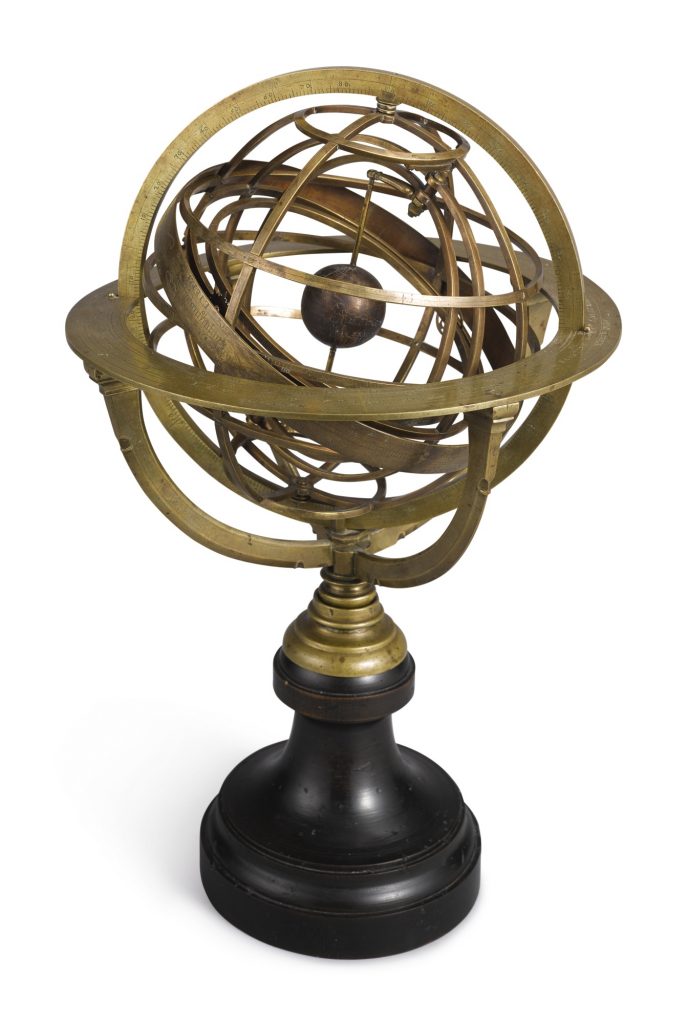 PTOLEMAIC GILT BRONZE ARMILLARY SPHERE WITH EARLY, POSSIBLY 16TH CENTURY, ENGRAVED GLOBE
