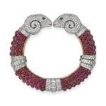 RUBY, EMERALD, DIAMOND AND ENAMEL RAM BANGLE, BULGARI