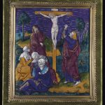 RECTANGULAR PLATE IN POLYCHROME PAINTED ENAMEL WITH GOLDEN REHAUTS REPRESENTING THE CRUCIFIXION ENTOURAGE OF JEAN I PENICAUD, CIRCA 1525-1540