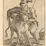 April; a farmer leaning on a cow