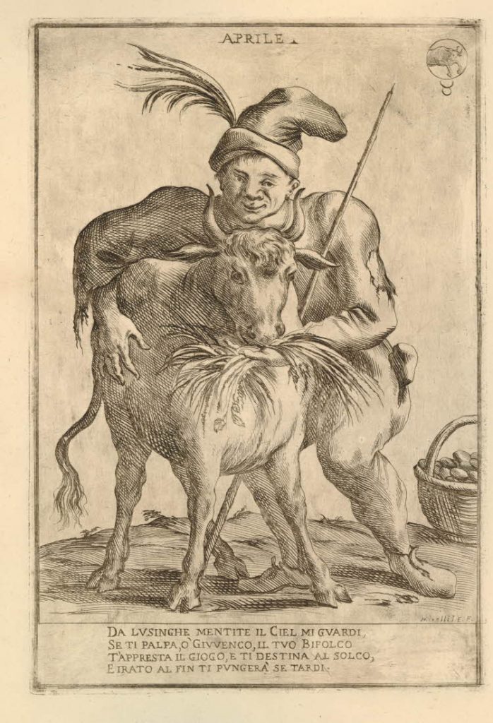 April; a farmer leaning on a cow