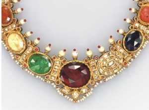 A MULTI-GEM, GOLD AND ENAMEL NAVRATNA NECKLACE