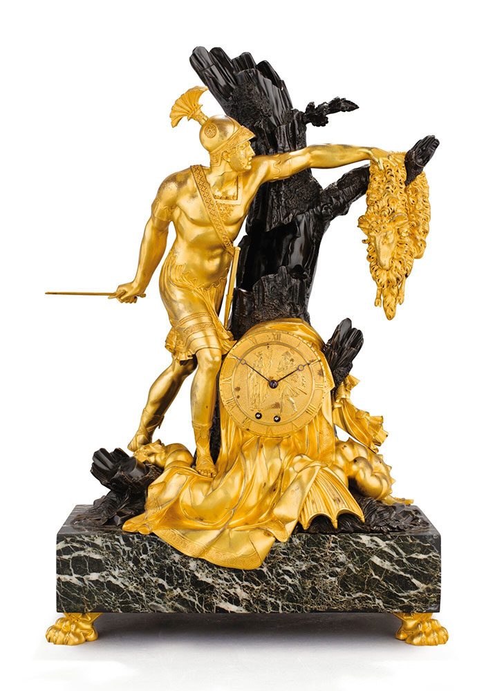 An Empire patinated and gilt-bronze mantel clock figuring Jason and the Golden Fleece, circa 1805