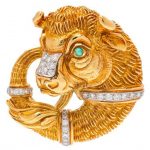 An 18 Karat Yellow Gold, Platinum, Diamond and Emerald Taurus Pendant/Brooch