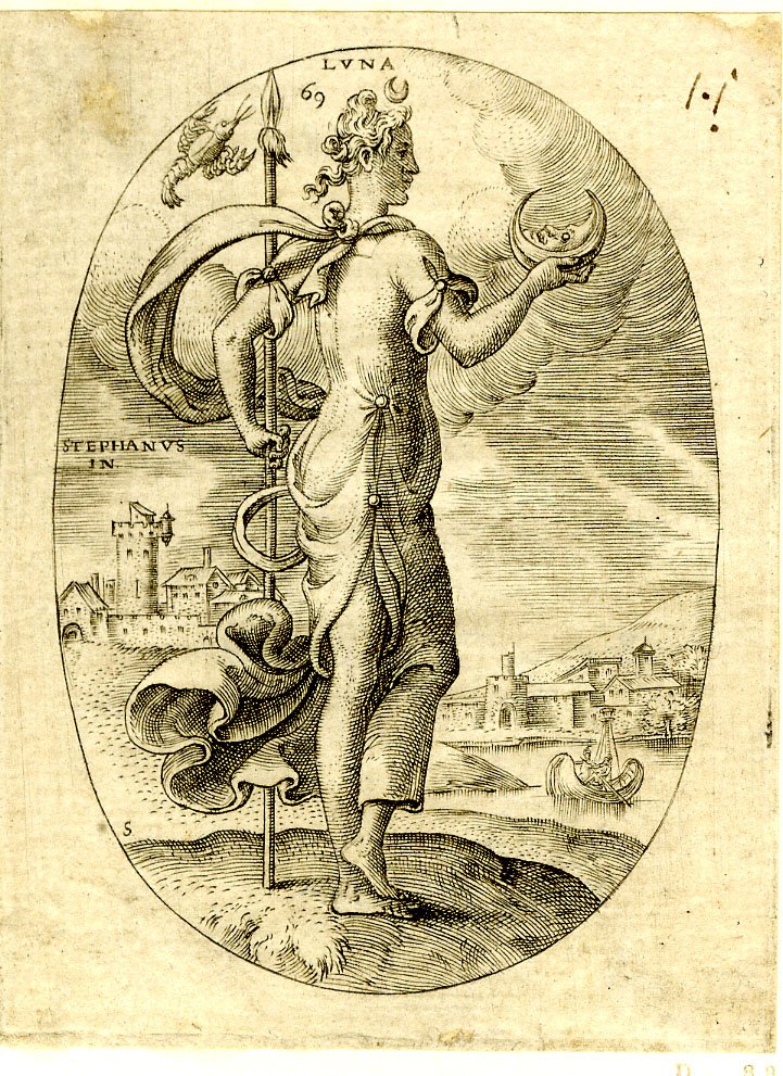 The Moon: Diana standing in profile to the right, a moon crescent in her hand