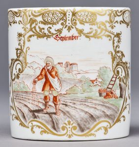 A RARE MEISSEN HAUSMALER SMALL 'MONTH' MUG CIRCA 1740