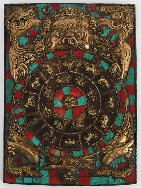Tibetan/Nepalese Gilt Copper Zodiac Plaque
